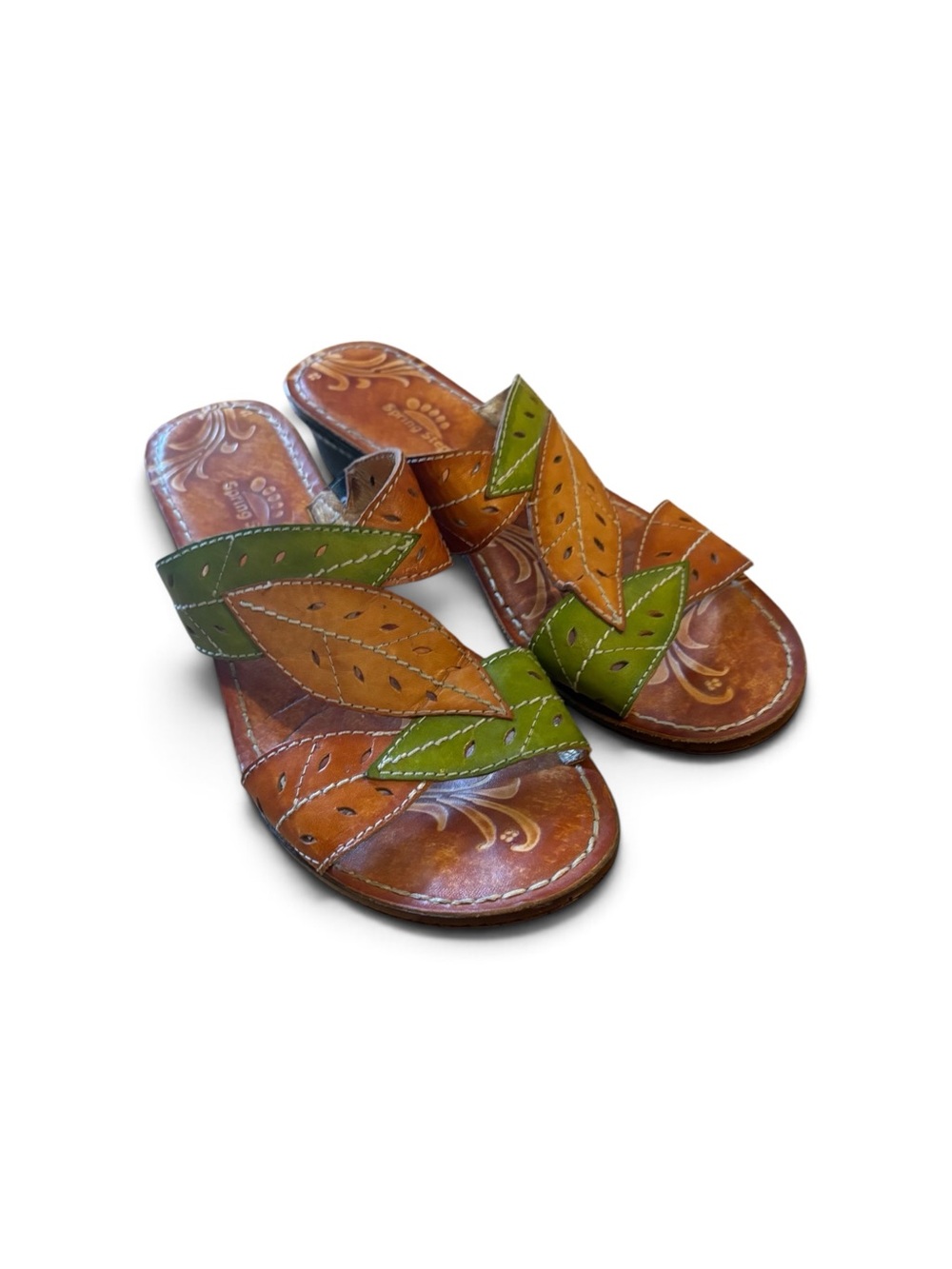 Spring Step Sandal Azalea Leather Leaf Low Heel Artsy Boho Women US 9.5 EU 41